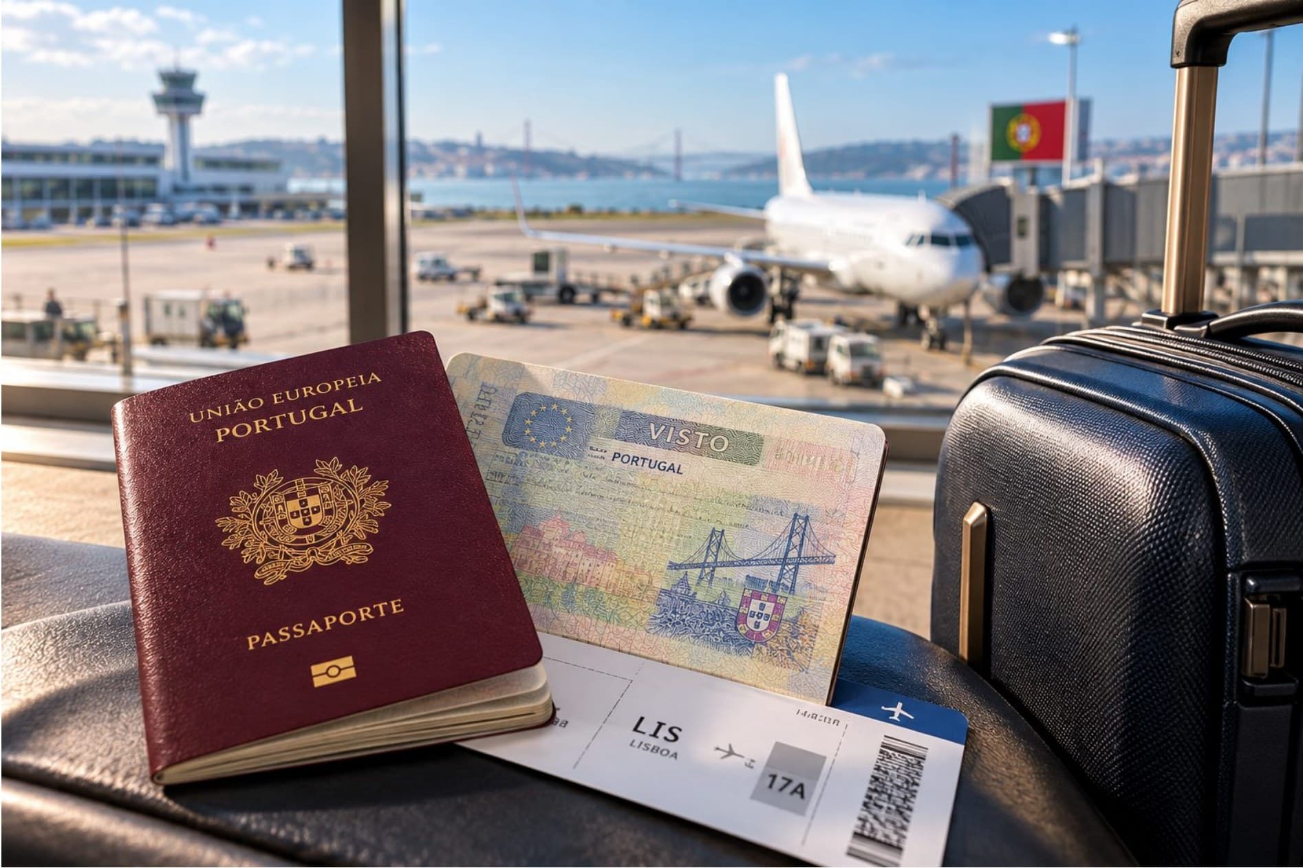 Passaporte português e visto junto a uma mala no aeroporto de Lisboa