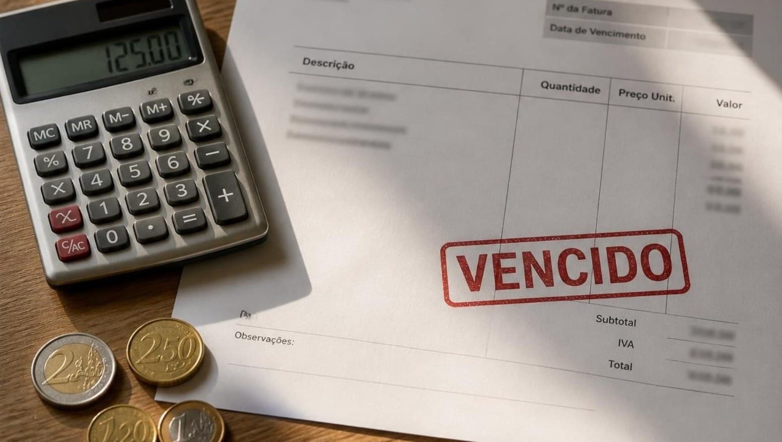 Calculadora, moedas e valores em atraso